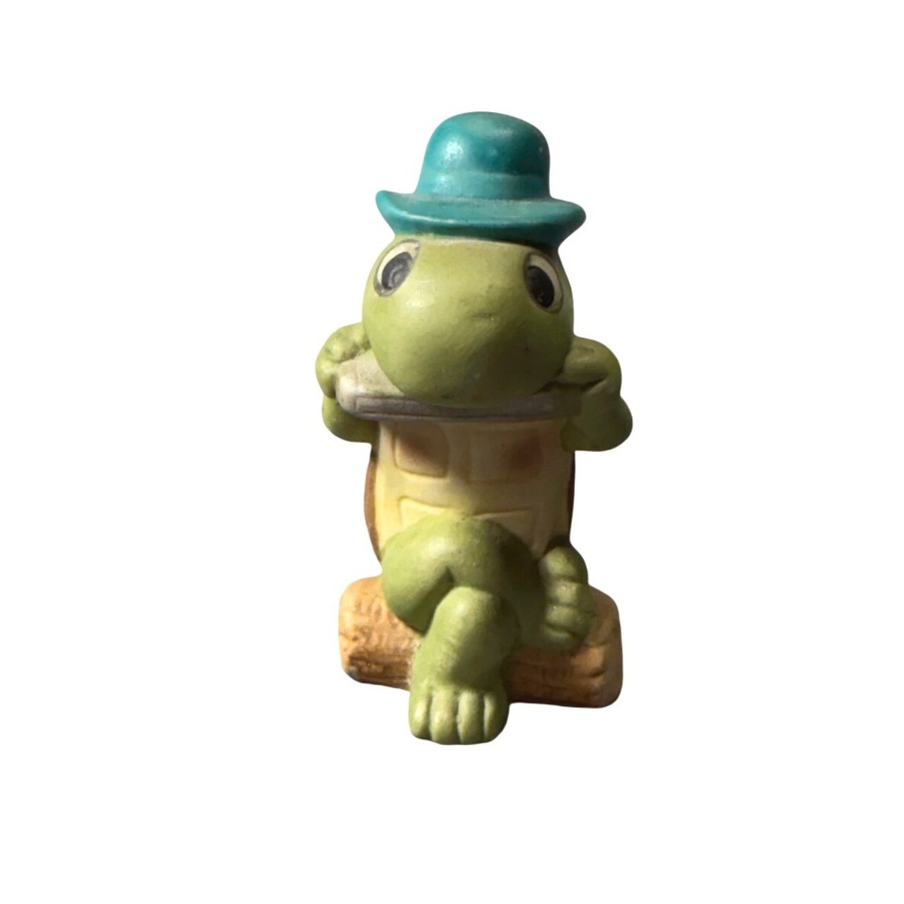 Vintage OGC Ceramic Turtle Figurine Blue Hat Playing Harmonica on Log 4.5 Inch